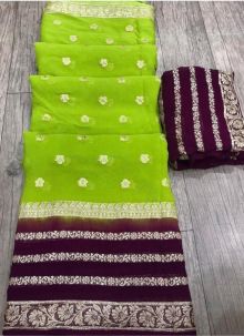 Fluorescent Green Viscose Georgette Two Shaded Saree With Contrast Color Blouse Piece