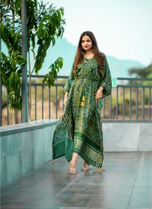 Green Bandhej Digital Print Pure Gaji Silk Trendy Readymade Kaftan