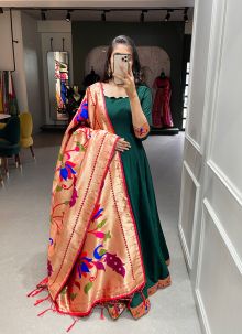 Green Color Plain With Zari Weaving Work Patta Chinon Traditional Gown With Heavy Dupatta
