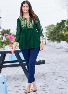 Green Georgette Embroidered Casual Kurti