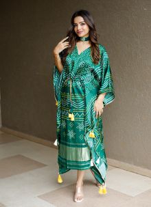 Green Wedding Speacial Designer Bandhej Printed Pure Gaji Silk Kaftan Dresses