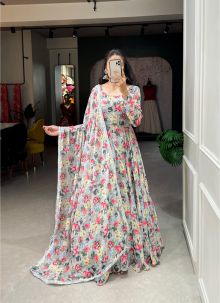 Grey Color Floral Print Chiffon Anarkali Style Traditional Gown