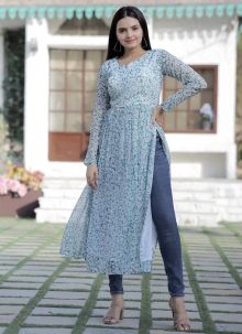 Grey Floral Nayra Cut Readymade Kurti For Women Daily Wear