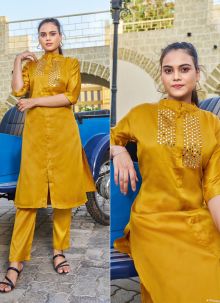 Indian Traditional Style Readymade Cotton Satin With Real Mirror Hand Work Mustard Yellow Kurti Pant Set