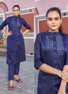Indian Traditional Style Readymade Cotton Satin With Real Mirror Hand Work Navy Blue Kurti Pant Set