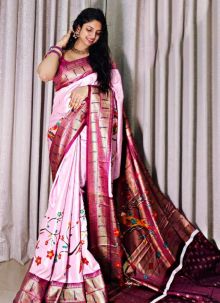Kalamkari Digital Printed Baby Pink Dola Silk Latest Festive Wear Saree