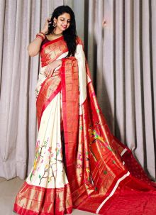 Kalamkari Digital Printed Cream Dola Silk Latest Festive Wear Saree