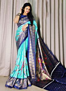 Kalamkari Digital Printed Sky Blue Dola Silk Latest Festive Wear Saree