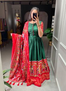 Latest Green Patola And Foil Printed Dola Silk Gown