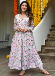 Latest Off White Faux Georgette Digital Print Gown With Dupatta