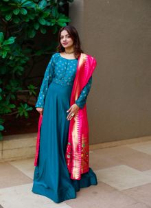 Latest Teal Blue Readymade Designer Gown