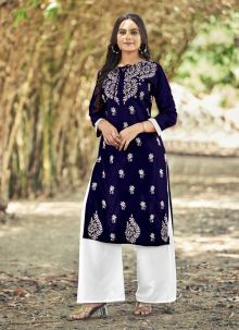 Lovely Navy Blue Embroidered Kurti With Plazo