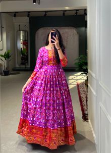 Magenta Patola Paithani Printed And Foil Printed Dola Silk Latest Gown
