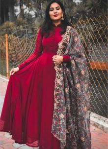 Maroon Georgette Butti Work Ethnic Full Stitched Designer Gown