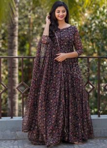 Multi Color Women Georgette Anarkali With Printed Gown And Dupatta