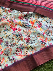 Multi Handloom Silk Contrast Plain Border And Floral Designs Saree
