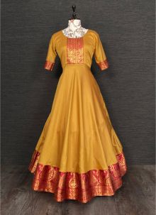 Mustard Yellow Weaving Zari Work Silk Haldi Special Gown