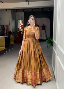 Mustard Zari Weaving Lightweight Cotton Gown