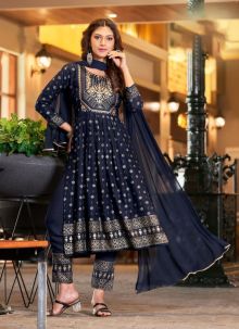 Navy Blue Rayon Printed Ready To Wear 3 Piece Set