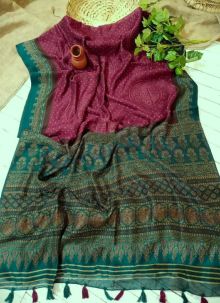 New Design Maroon Ajrakh Print Linen Cotton Traditional Saree