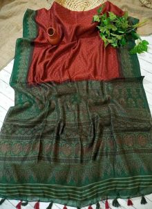 New Design Orange Ajrakh Print Linen Cotton Traditional Saree