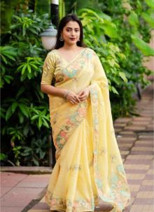 New Designer Pencil Stitch Embroidered Linen Yellow Saree For Women
