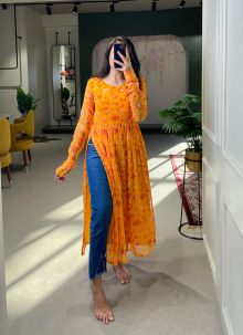 Orange Color Floral Printed Georgette Naira Cut Kurti