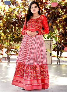 Pashmina Silk Red Color Foil Print Designer Gown
