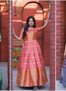 Patola Print Jacquard Silk Flared Gown In Orange