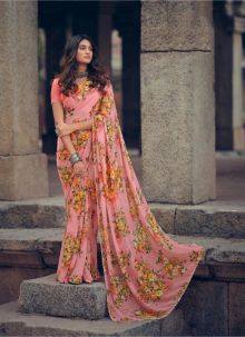 Peach Casual Wear Floral Printed Faux Georgette Saree With Pearl Lace Border