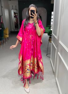 Pink Jacquard With Weaving Zari Work Paithani Design Kaftan For Women