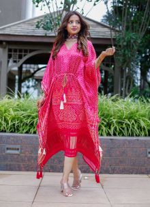 Pink Wedding Speacial Designer Bandhej Printed Pure Gaji Silk Kaftan Dresses