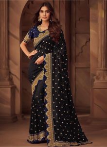Pleasant Black Color Vichitra Silk Embroidered Work Saree For Function Wear