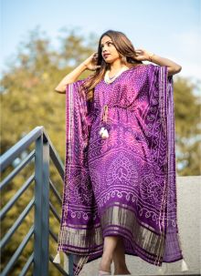 Purple Bandhej Digital Print Pure Gaji Silk Traditional Wear Readymade Kaftan