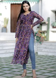 Purple Floral Nayra Cut Readymade Kurti For Women Daily Wear
