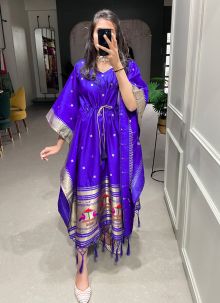 Purple Jacquard With Weaving Zari Work Paithani Design Kaftan For Women