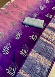 Purple Kanchipuram Organza Jacquard Latest Design Traditional Saree