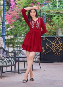 Rayon Party Wear Red Embroidered Kurti