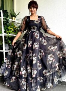 Readymade Tabby Organza Floral Designer Flower Printed Black Gown