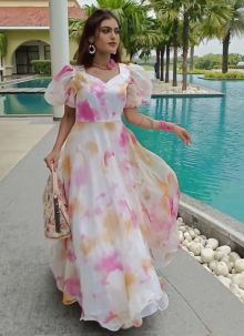 Readymade Tabby Organza Floral Designer Flower Printed Pink Gown