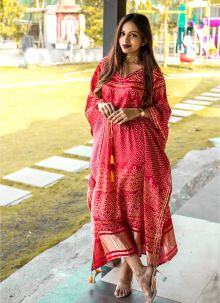 Red Bandhej Digital Print Pure Gaji Silk Festival Wear Readymade Kaftan