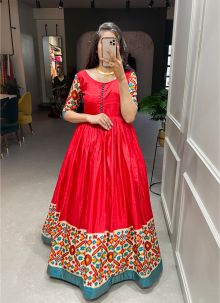 Red Foil Printed Dola Silk Classic Gown