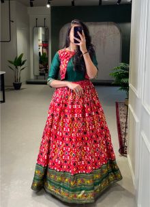 Red Patola Paithani Printed And Foil Printed Dola Silk Latest Sangeet Wear Gown
