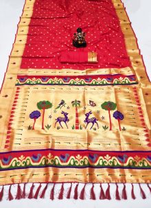 Red Weaving Work Kanchi Paithani Traditional Saree