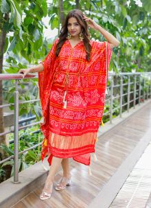 Red Wedding Speacial Designer Bandhej Printed Pure Gaji Silk Kaftan Dresses