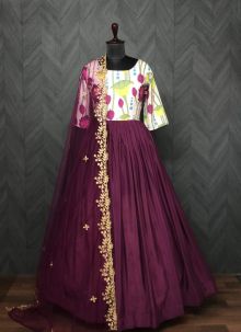 Satin Maslin Wine Kalamkari Design Gown With Rich Print