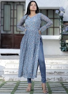Sky Blue Floral Nayra Cut Readymade Kurti For Women Daily Wear