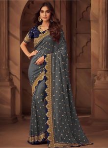 Stunning Grey Color Vichitra Silk Embroidered Work Saree For Function Wear