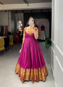 Stylish Pink Cotton Zari Work Gown