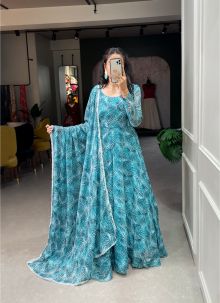 Teal Blue Floral Print Chiffon Wedding Gown